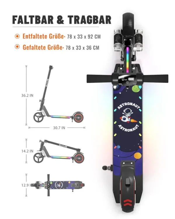E-RIDES Kinder E-Scooter S5 für 6-12 Jahre, Faltbares Design mit LED-Lichtern, 14km/h,  8 km Reichweite, 130W Motor, Vorderrad-Federung, Geschenk für Kinder - Image 2